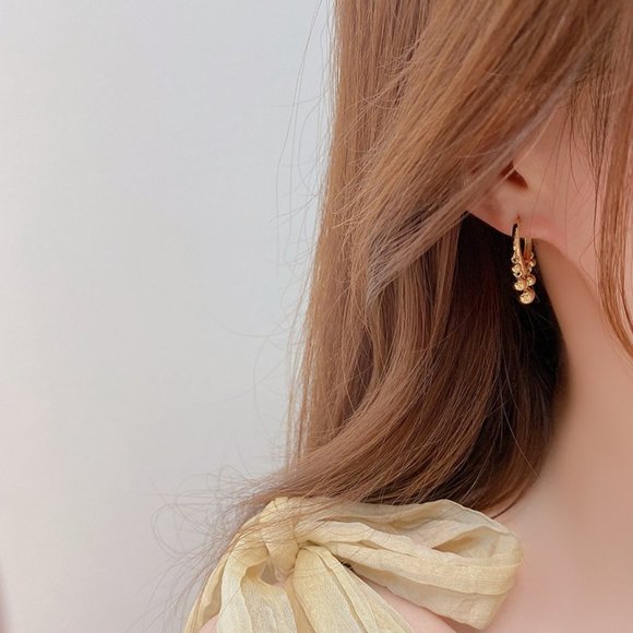 NEW 14K Gold Plated Bead Drop Huggie Hoop Earrings - Picture 4 of 8